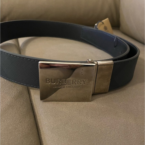 NWD Burberry Plaque Buckle London Check Belt 34/85 Dark Charcoal/Black Read Desc - Picture 1 of 9